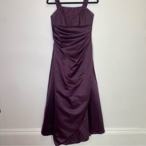 Dark Purple Flowy Beaded Formal Evening Gown with Tulle Skirt